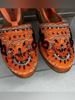 Orange Embellished Wedge Espadrilles